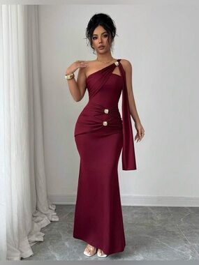 Women's Wine Red One-Shoulder Maxi Dress w/ Gold Details, Large Like New Shein